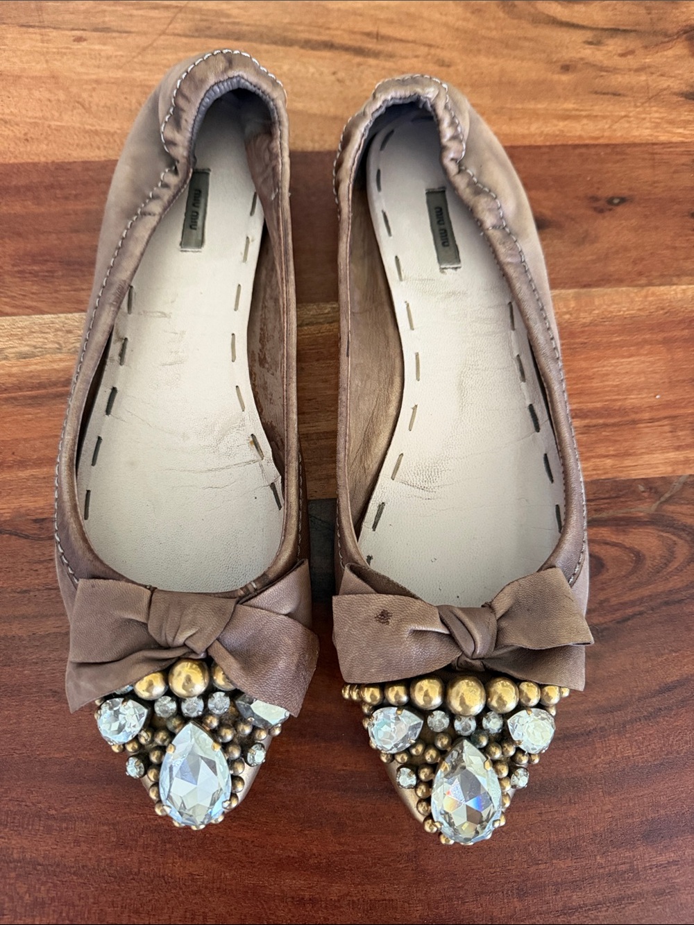 Miu Miu Brown Jeweled Bow Ballet Flats